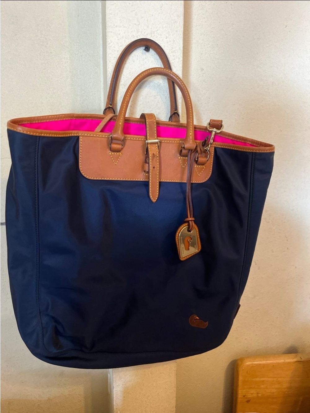 Dooney & Bourke Navy Tote with Pink Interior and Brown Leather Trim